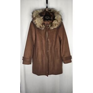 Nine West Hooded Faux Fur Trim Wool Blend Peacoat Size XL Brown Long Jacket
